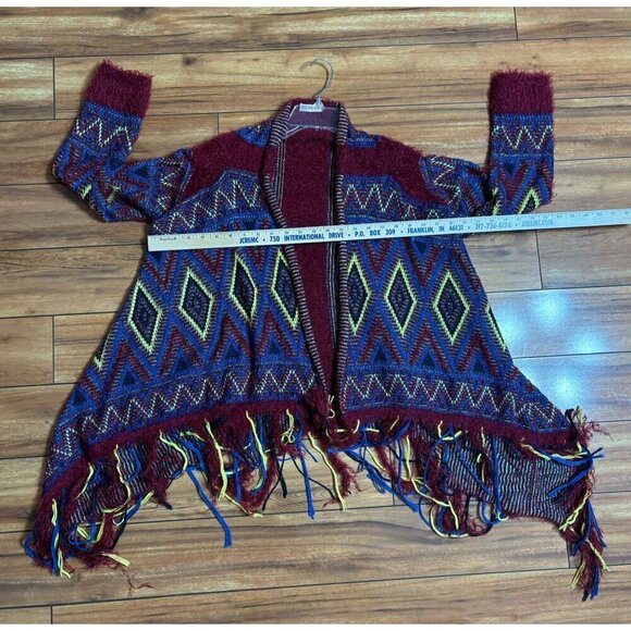 Luxmi Bohemian Fringe Open-Front Cardigan Sweater Aztec Pattern Multicolor - Picture 5 of 9